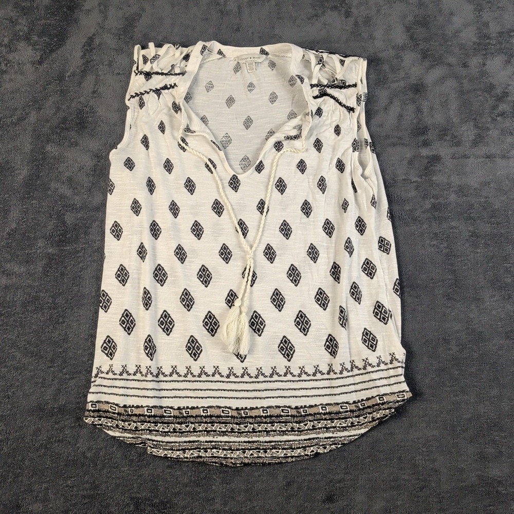 Lucky Brand Bohemian Sleeveless Blouse White W/ Black Diamond Women's Size Mediu